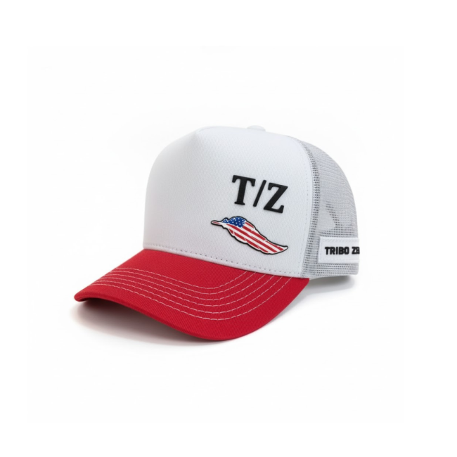 Boné Branco com Vermelho - Silk Alto Relevo TZ com Pena Americana - Tribo Zero